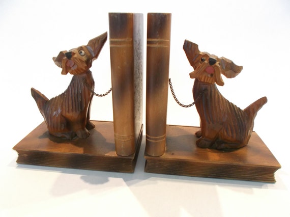 SALE Bookends Wooden Scotty Dogs Sitting on Books 1940s
