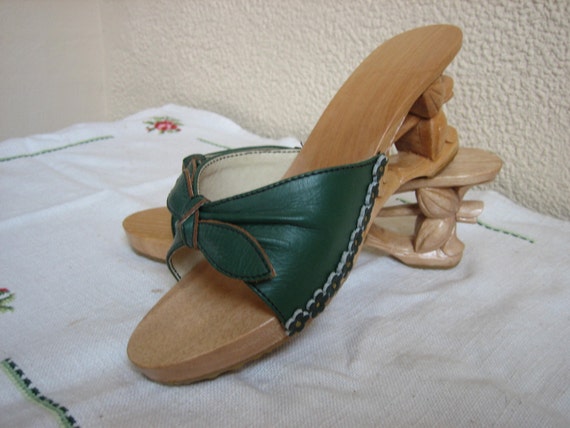 Pair of green leather retro Hawaiian tiki hibiscus shoes by mirosa