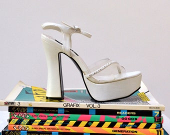 Vintage 90s Clear White Platform Heels, size 8 // 90s Clear White Platforms, Size 8 for Wedding Spice Girl Shoes