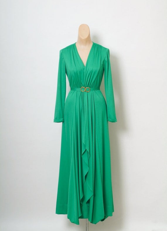 Vintage 70s Maxi /Jersey Maxi Dress Gown / Green Dress
