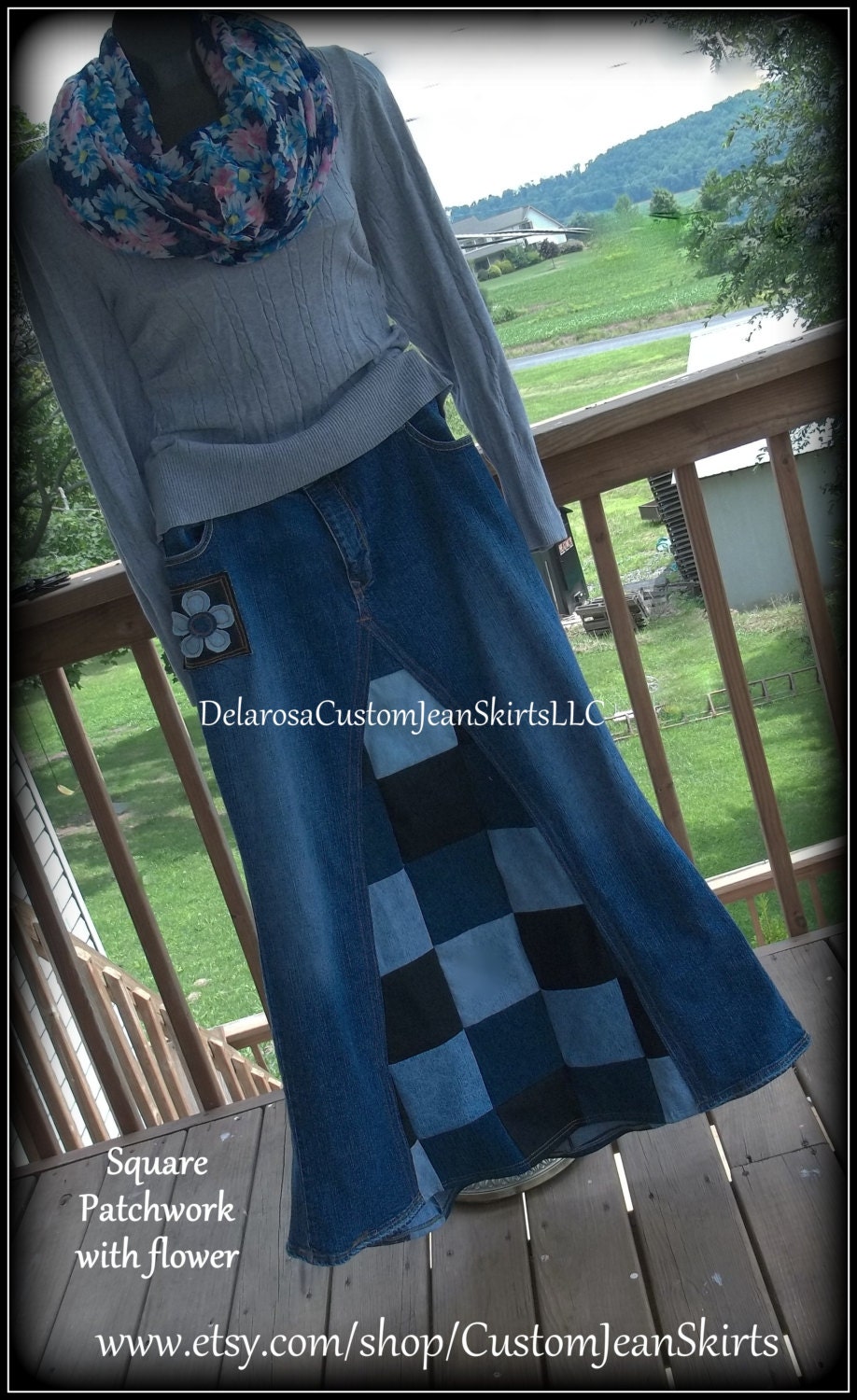 Square Patchwork Long Jean Skirt Custom Your by CustomJeanSkirts