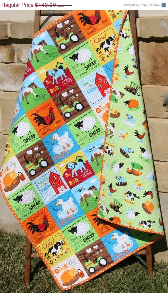 Farm Quilt Bright Unisex Tractor Blanket Cows by SunnysideDesigns2