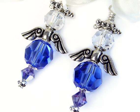 Blue Crystal Angel Earrings, Handmade, Swarovski Sapphire, Silver Tone Wings