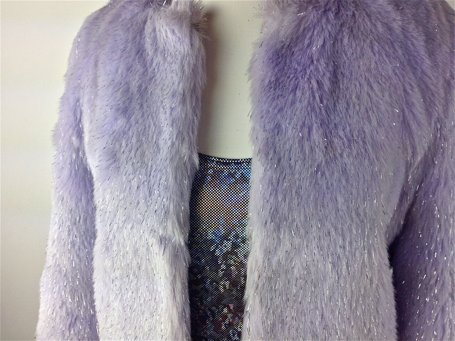 90's Pastel Lavender Glitter Faux Fur Coat // M