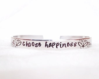 Choose happiness choose joy happiness is a choice lotus blossom floral flower personalized hand stamped bracelet