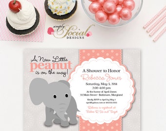 Elephant Baby Shower Invitation Coral and Grey Little Peanut Printable