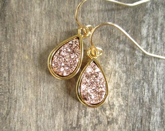 Rose Gold Druzy Earrings, Druzy Earrings, Titanium Druzy Quartz Earrings, Rose Gold Earrings, Drusy Quartz Earrings, Bridal Party Jewelry