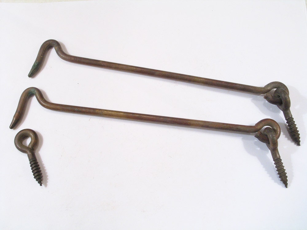 Pr Large 8 Brass Latches w Screw Eye Hook Vintage Door