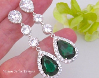 EMERALD GREEN Earrings Wedding Jewelry Cubic Zirconia Tear Drop Prom Pageant Jewelry Bridal Glamorous Bling