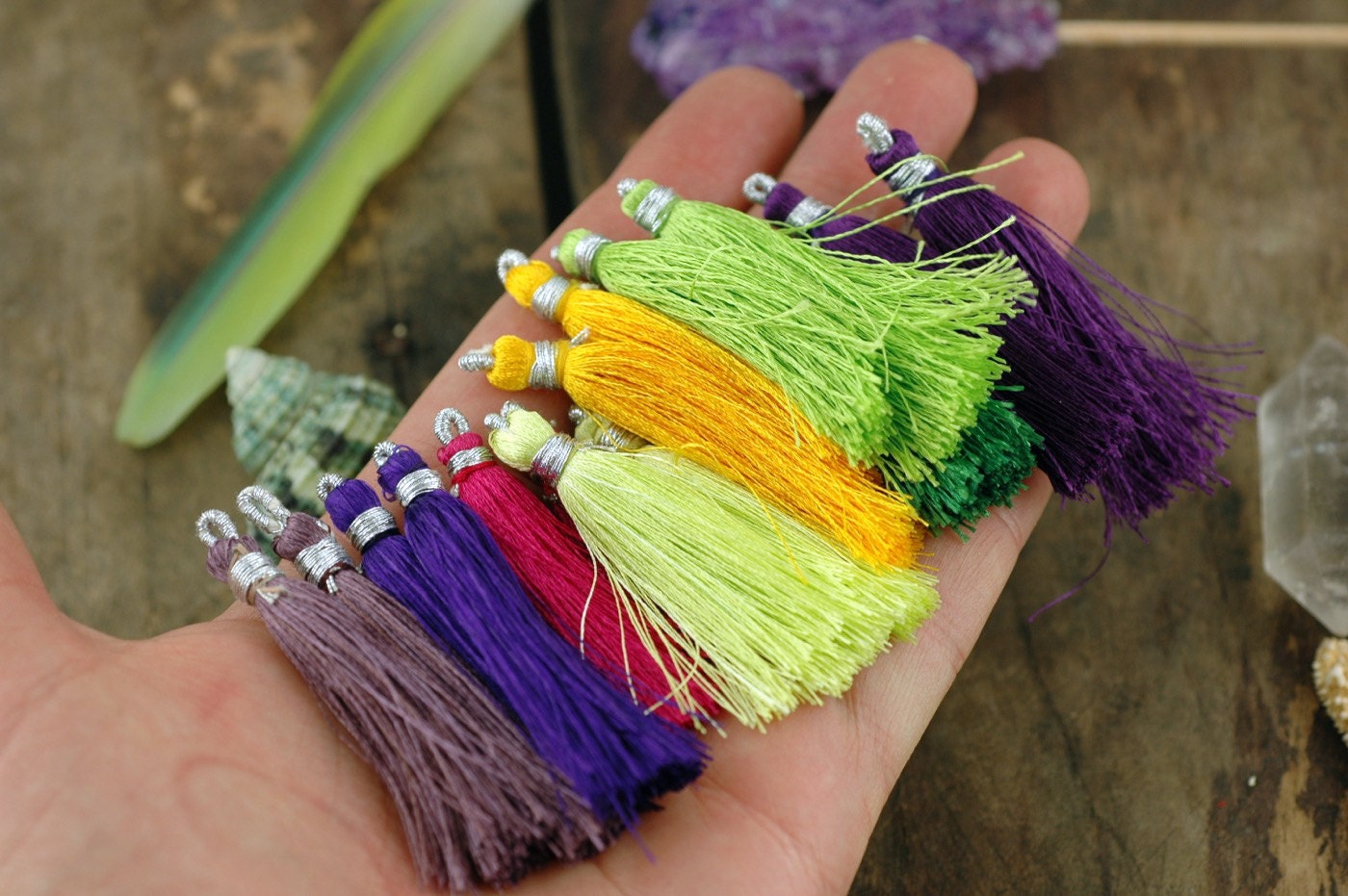 Plums & Citrus Mix / Silk Tassels from India / Purple Green