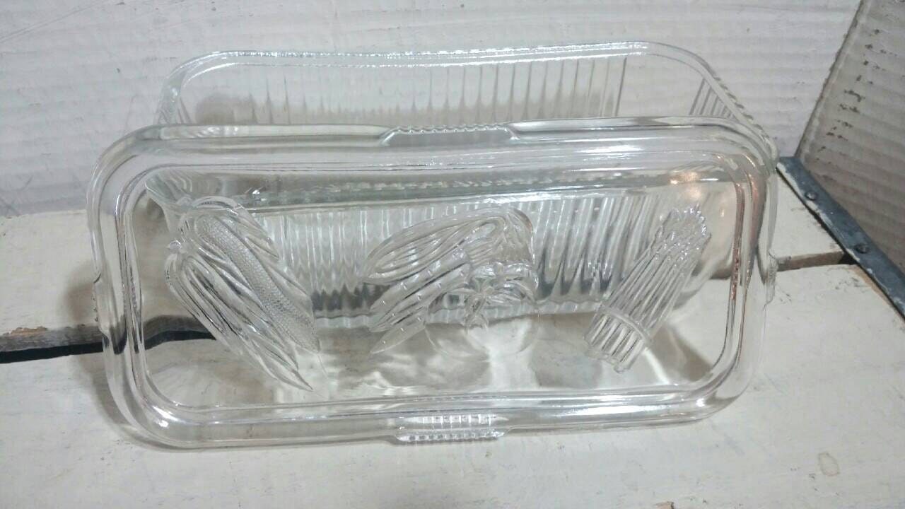 1940s Federal Glass Ribbed Refrigerator Dish Clear Glass With Embossed Lid Vegetable Pattern