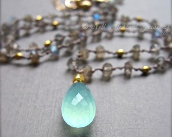 Gemstone Necklace, Aqua Chalcedony and Labradorite Necklace, Hand Knotted Silk Cord Gemstone Pendant Necklace