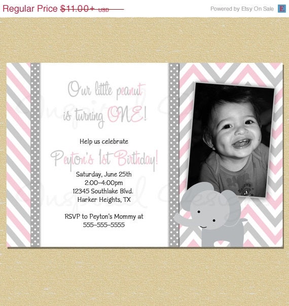 ON SALE Pink Elephant Birthday Girl Invitation Chevron and Polka Dots First Birthday Invitation 1st, 2nd, 3rd, 4th, 5th, 6th, Il_570xn