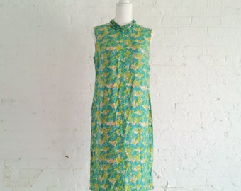 1960s Blue Green Watercolor Silk Shift Dress 60s Vintage Mod Multicolor Abstract Art Medium Sundress Sheath Dress Summer Garden Party Dress