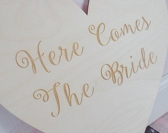 Here Comes The Bride Heart Wood Heart Engraved Here Comes The Bride Sign Rustic Wedding Sign Barn Wedding #DownInTheBoondocks