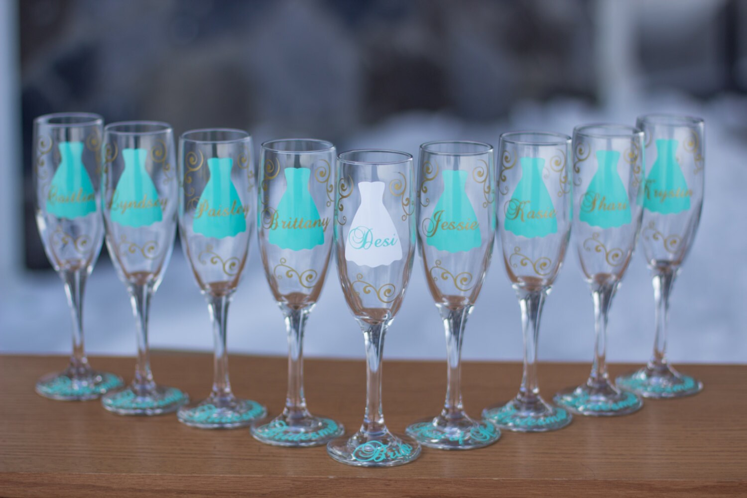 Bridesmaid dress champagne flutes glasses name over the dress