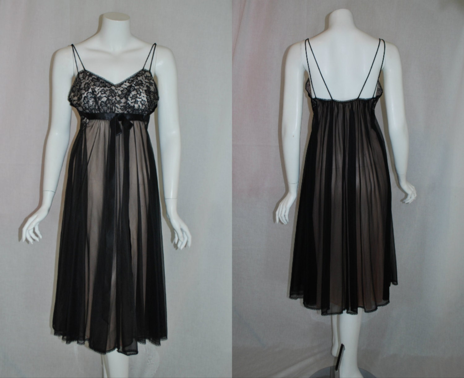 1950s Vanity Fair Black Nightgown 32 small Double nylon