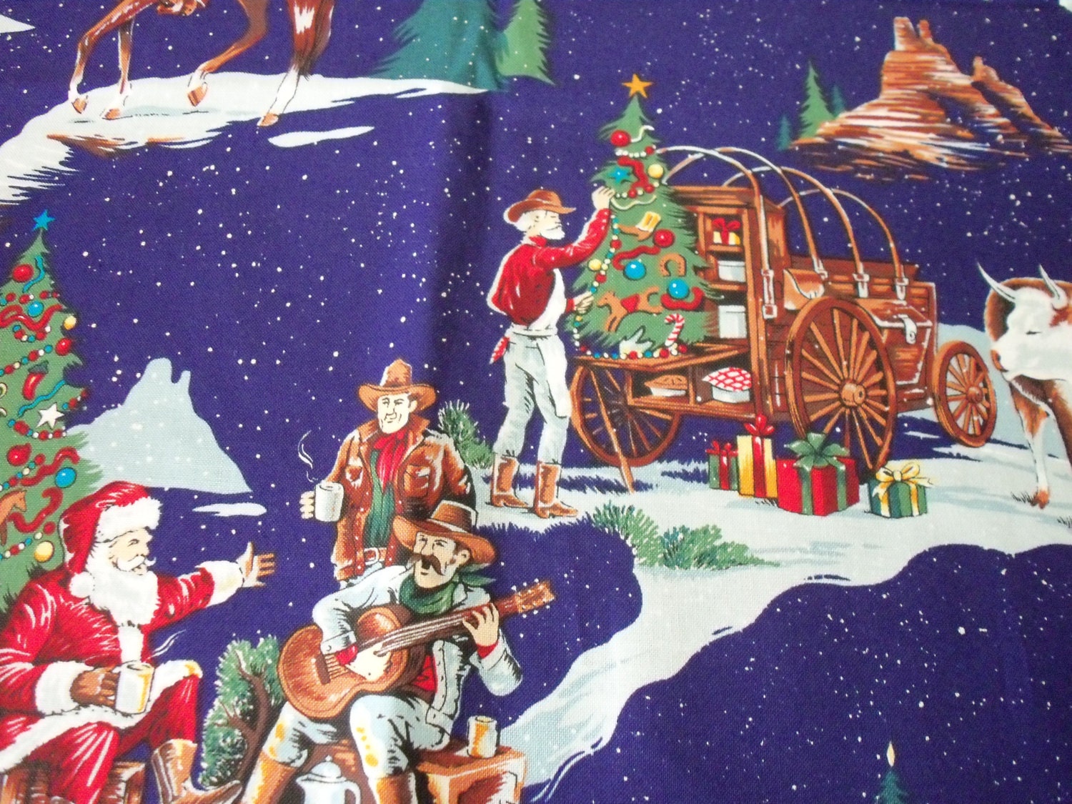 Cowboy Christmas Fabric Santa Campfire Chuckwagon Starry Nite