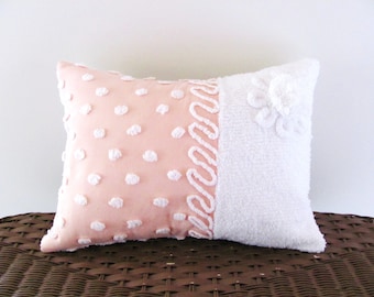 Peachy pink cushion cover, RIBBON CANDY, vintage chenille pillow cover, 12 X 16, cottage chic, shabby style, daisy pillow case
