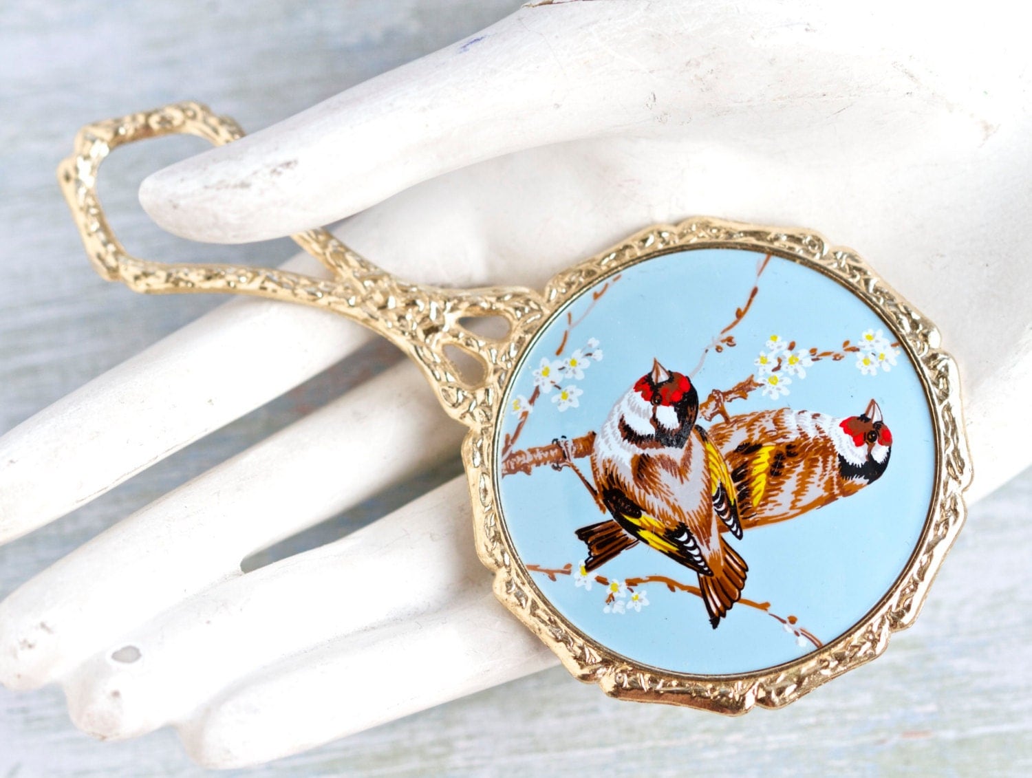 Pretty Small Hand Mirror in Blue Featuring Birds Haute Juice