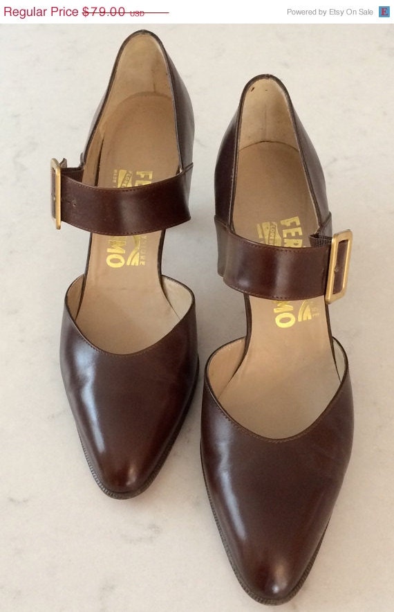 HOLIDAY SALE Brown Soft Leather Pointed Toe Mary Jane Heel by Ferragamo ...