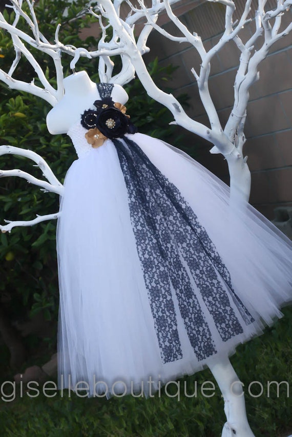 Flower Girl Dress. Gold Navy and WhiteTutu by giselleboutique