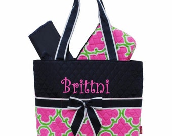 Personalized Baby Girl Diaper Bag Set 3pc set Hot pink polka