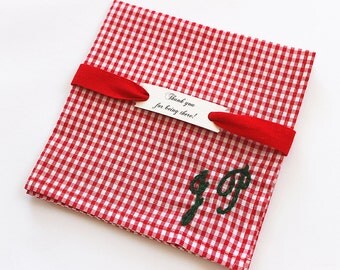 Red Gingham Pocket Square, Men's Initial Handkerchief, Monogram Pocket Square, Plaid Personalized Groomsmen Valentine's Gift, Embroidered