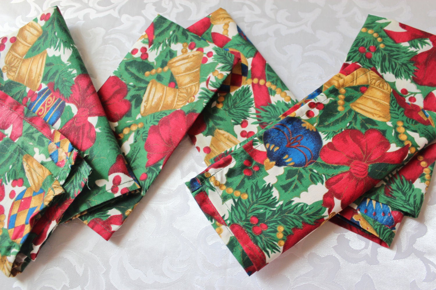 Vintage Christmas Cloth Napkins 6 Bells and Ornaments