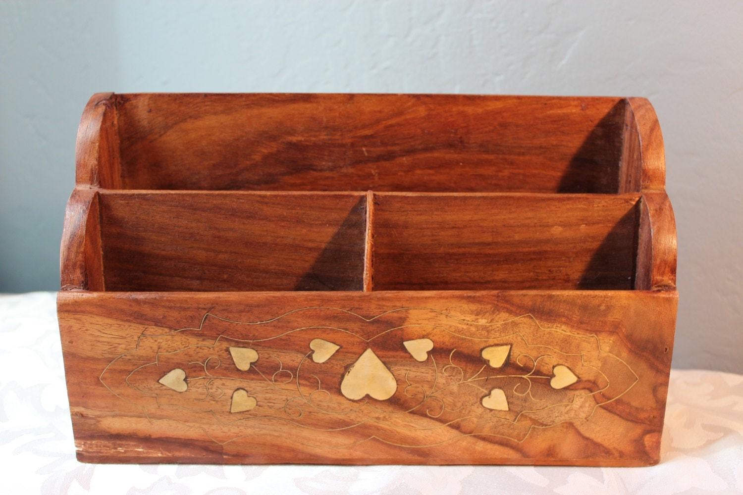 Inlaid Brass Wood Letter Holder Storage Box