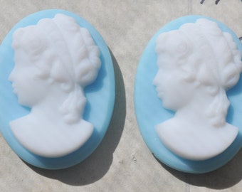TWO Vintage Ceramic Cameos, White and Aqua, 25mm X 33mm