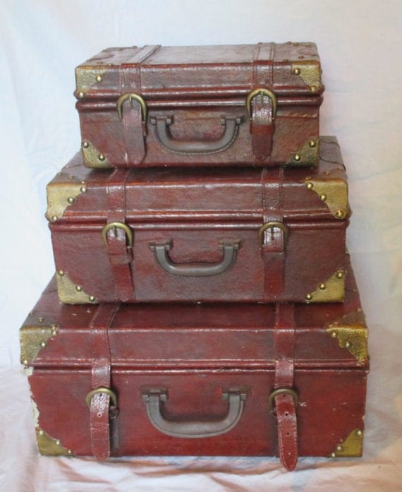 Leather Suitcases 3 Vintage Decorative Stacking Storage