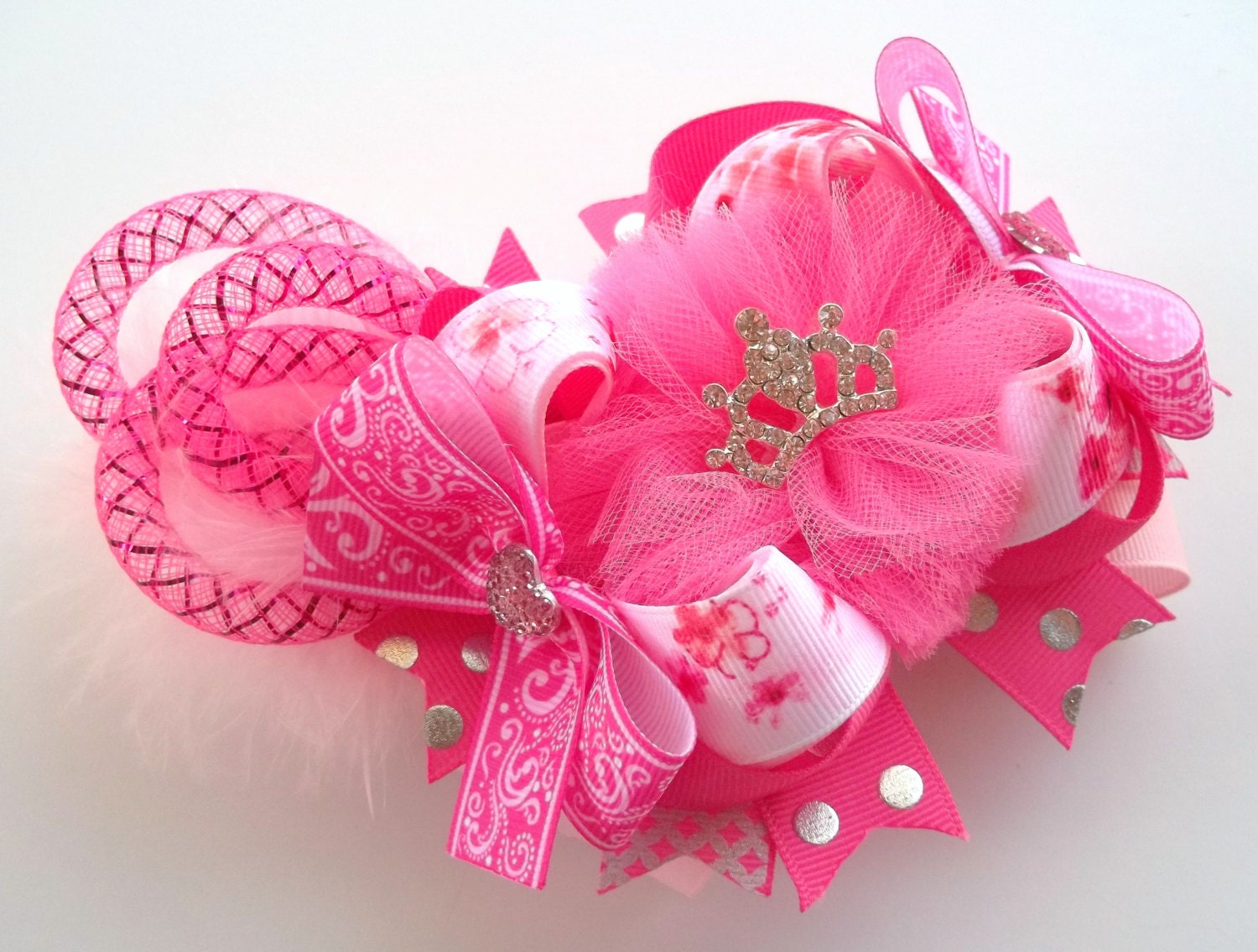 Princess OTT Pink With Rhinestone Crown Hair Bow Boutique