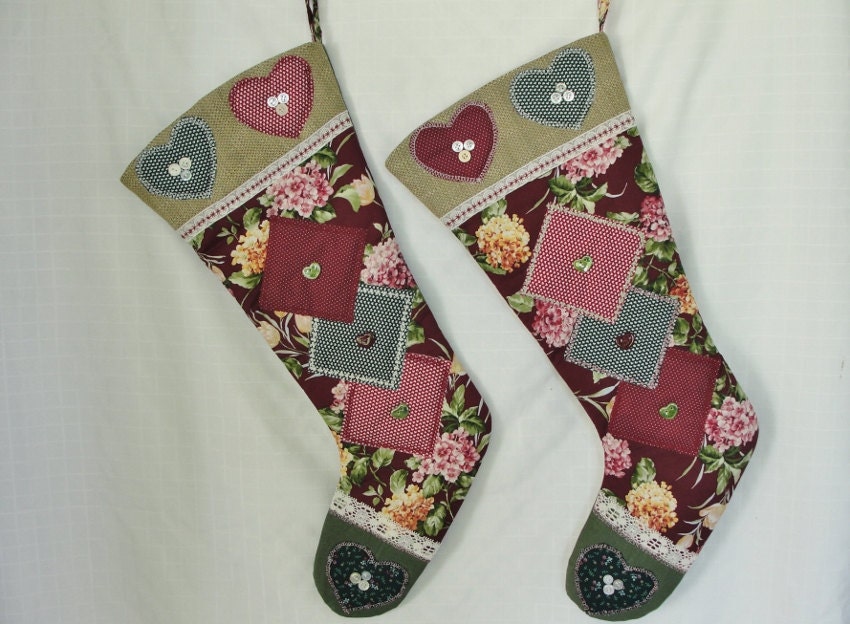 Handmade Christmas Stockings Burlap trim Buttons and Hearts