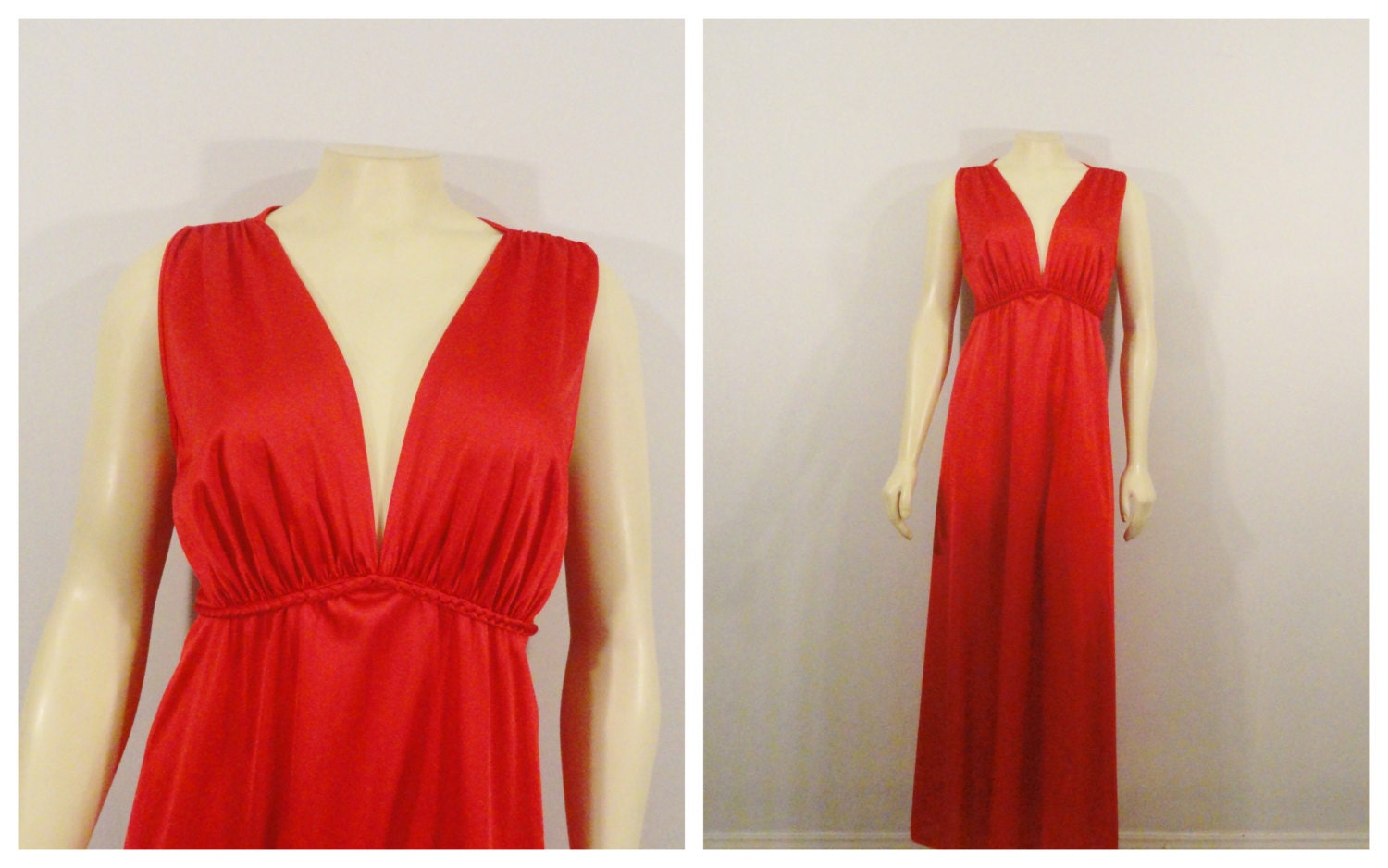 Vintage Nightgown Red Vanity Fair Full Length Gown Braided