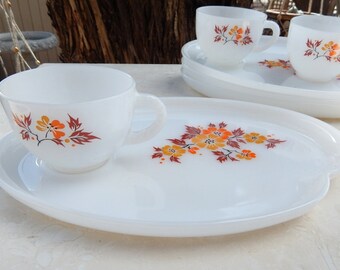 Federal Glass Blossom Milk Glass Snack Set -- 7 Piece Milk Glass Snack Set -- Federal Glass Snack Set -- Mid Century Snack Set