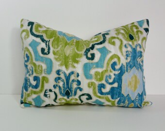 Blue and Green Decorative Pillow Cover, Ikat Lumbar Throw Pillow, Turquoise, 12 x 16