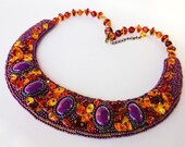 Amber beaded necklace "Amber drops" - orange purple embroidered necklace - bead embroidered necklace - handmade bead collar FREE SHIP