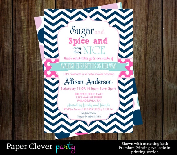 Girls baby shower invitations shabby chic with sugar and spice - Navy, mint and pink baby girl shower invites digital printable file Il_570xn