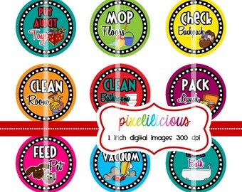 Digital Bottle Cap Image Sheet - Chore Chart - 1 Inch Digital Collage - Buy 2 Get 1 Free - Instant Download