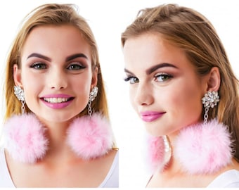 Earrings: Faux Feathers Pastel Pink Pom Pom Earrings Silver Chain Crystal Earrings