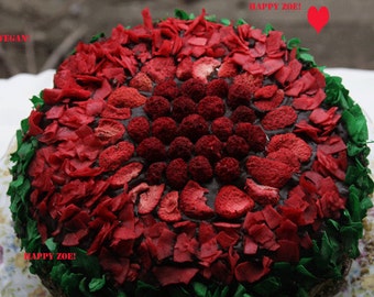 Vegan Chocolate Pistachio Coconut Strawberry cake, love, animal free cruelty,no eggs,no dairy.