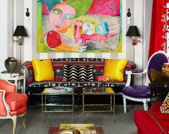 FAMILY - Abstract ORIGINAL painting on canvas - 90cm x 90cm - 35,43'' x 35,43'' - purple black white green