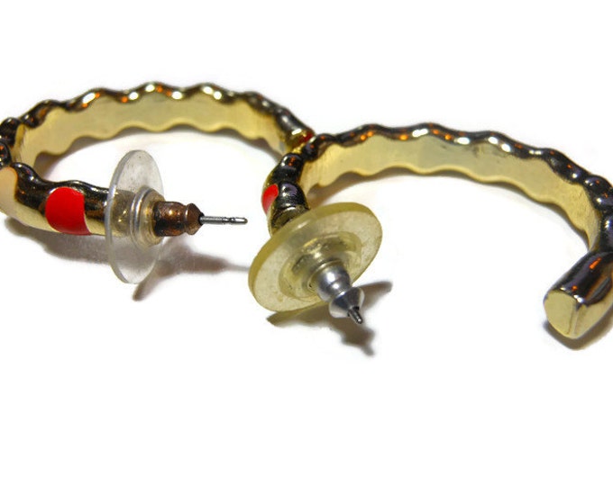 FREE SHIPPING Enamel hoop earrings, gold tone, Alternating red and white blocks of enamel