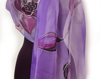 Hand painted silk scarf/Painting by hand violet flower/Floral silk chiffon scarf/Painting by hand flowers/Painting silk scarf/Painting Shawl
