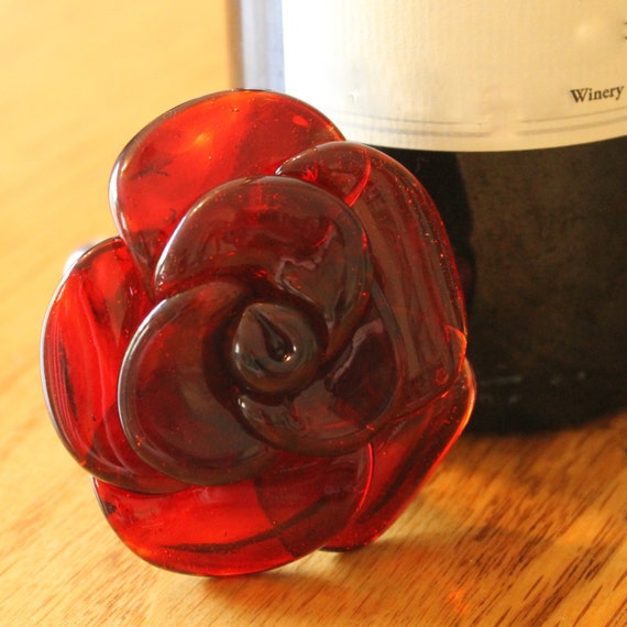 Wine Bottle Stopper Glass Rose Red Hand Blown Rose Lampwork