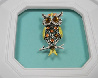 Art Or Modeart Owl Brooch or Pin, Flowered Detail, Vintage