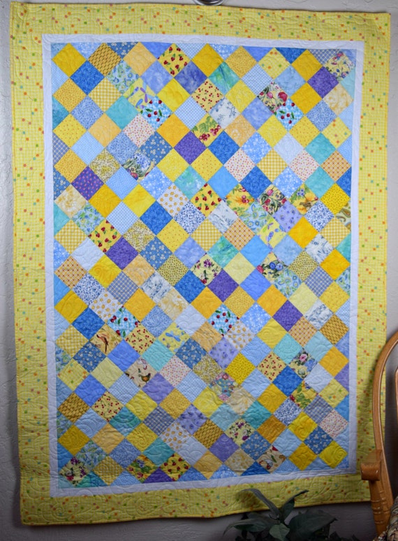 Homemade Quilt Blue and Yellow Patchwork by ThreadNThimbleQuilts