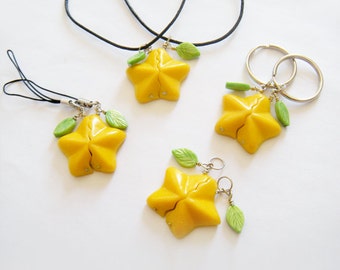 Kawaii Carambola Yellow Star Fruit -pearlized/glow in the dark- significant other/couple keychain,necklace or cell phone strap set