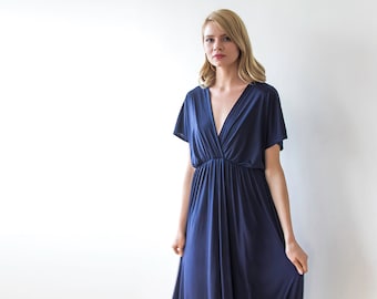 Navy blue formal maxi dress, Blue long dress bat-wings sleeves 1002